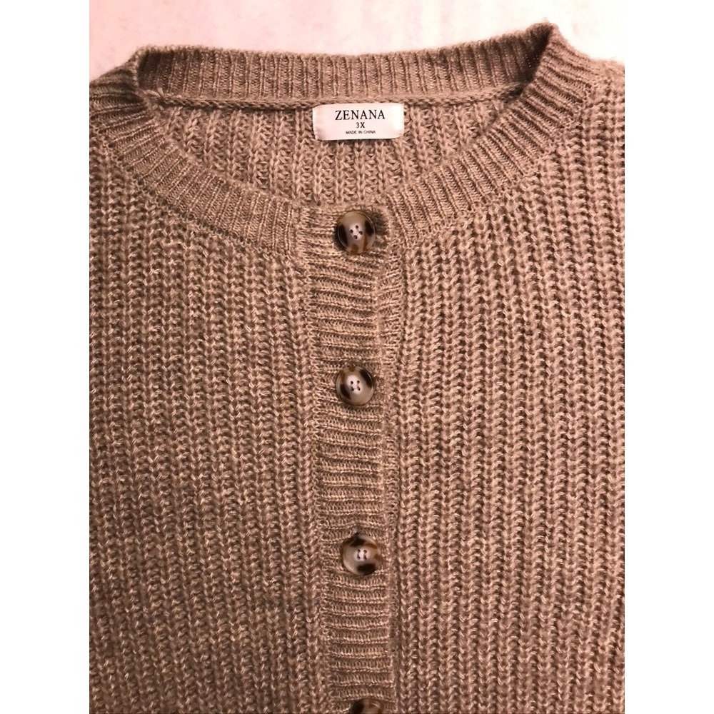 Zenana Womens 3X Oversized Cardigan Sweater Tan Ribbed Knit Lantern Sleeve - Picture 4 of 16